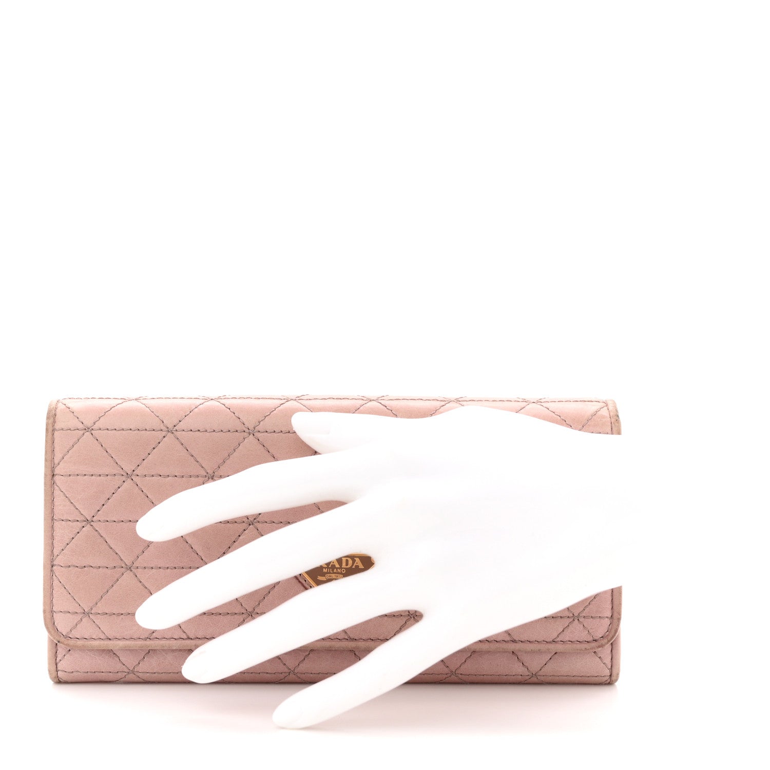 Prada Glossy Calfskin Triangle Quilted Triangle Continental Flap Wallet Light Pink