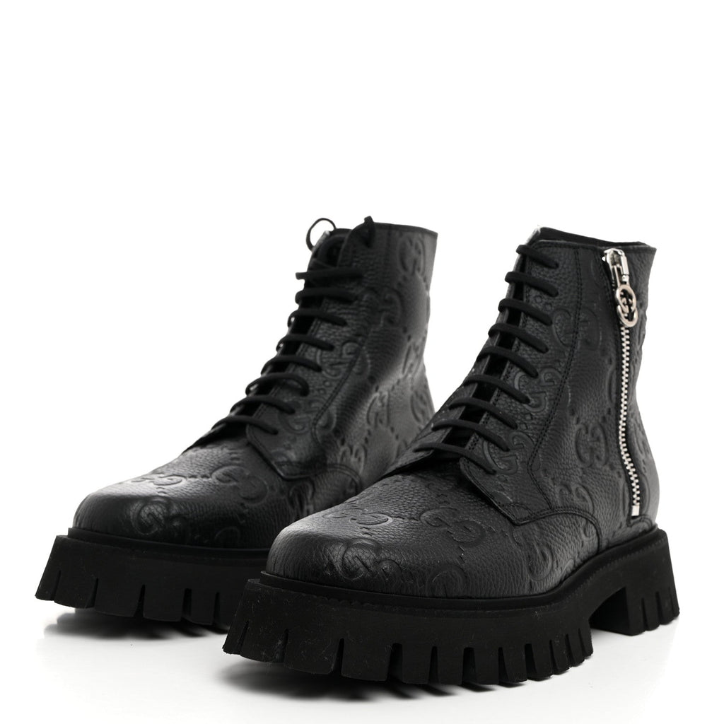 Gucci Calfskin Embossed Monogram Lace Up Ankle Boots 8 Black