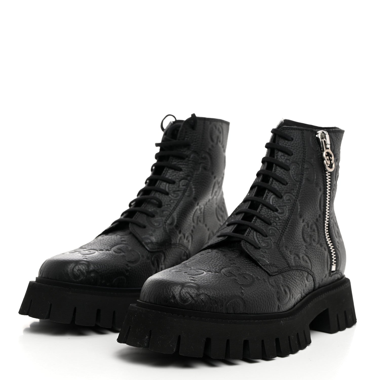 Gucci Calfskin Embossed Monogram Lace Up Ankle Boots 8 Black