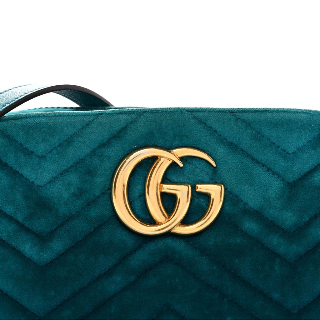 Gucci Velvet Matelasse Small GG Marmont Chain Shoulder Bag Pavone Cyan