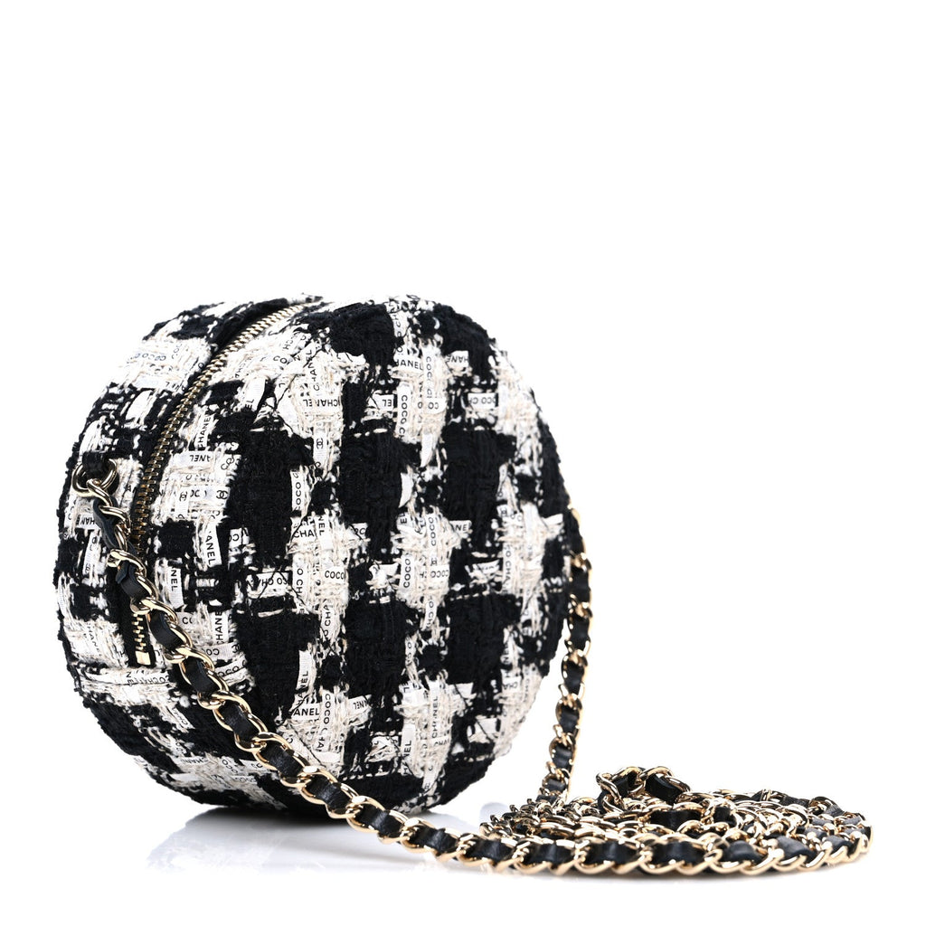 Chanel Tweed Quilted Round Clutch With Chain Black Ecru White