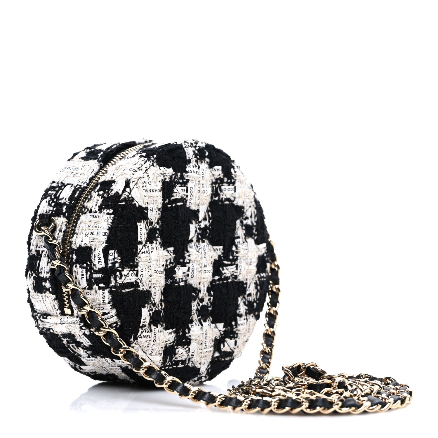 Chanel Tweed Quilted Round Clutch With Chain Black Ecru White