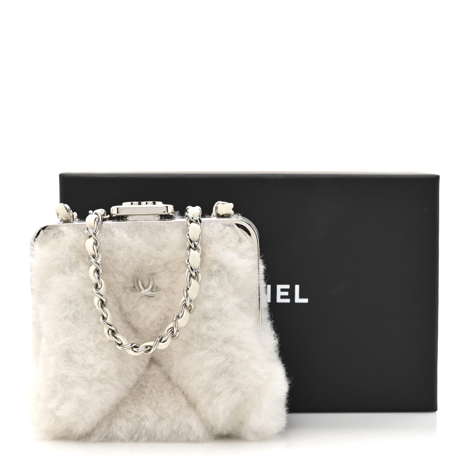 Chanel Shearling Sheepskin Lambskin Quilted Clutch With Chain White