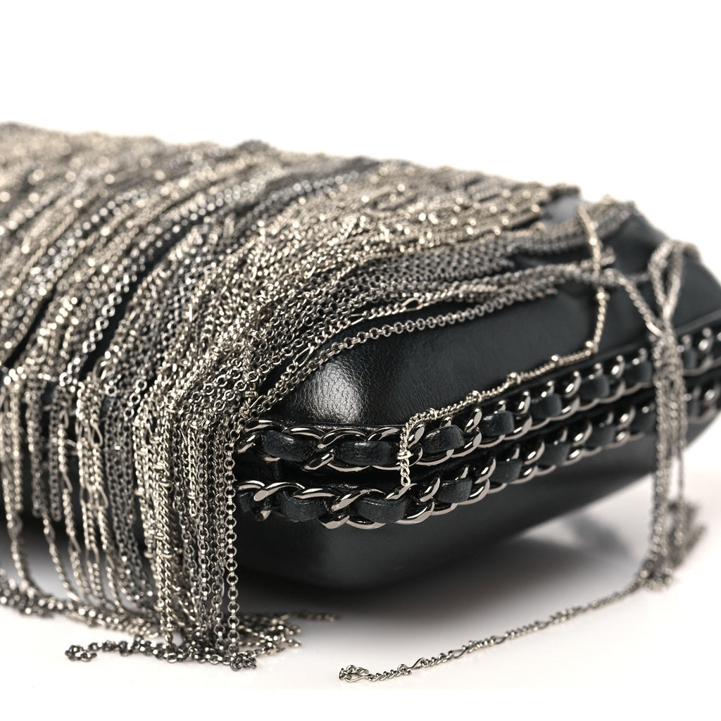 Chanel Lambskin Chain Fringe Clutch With Chain  Black
