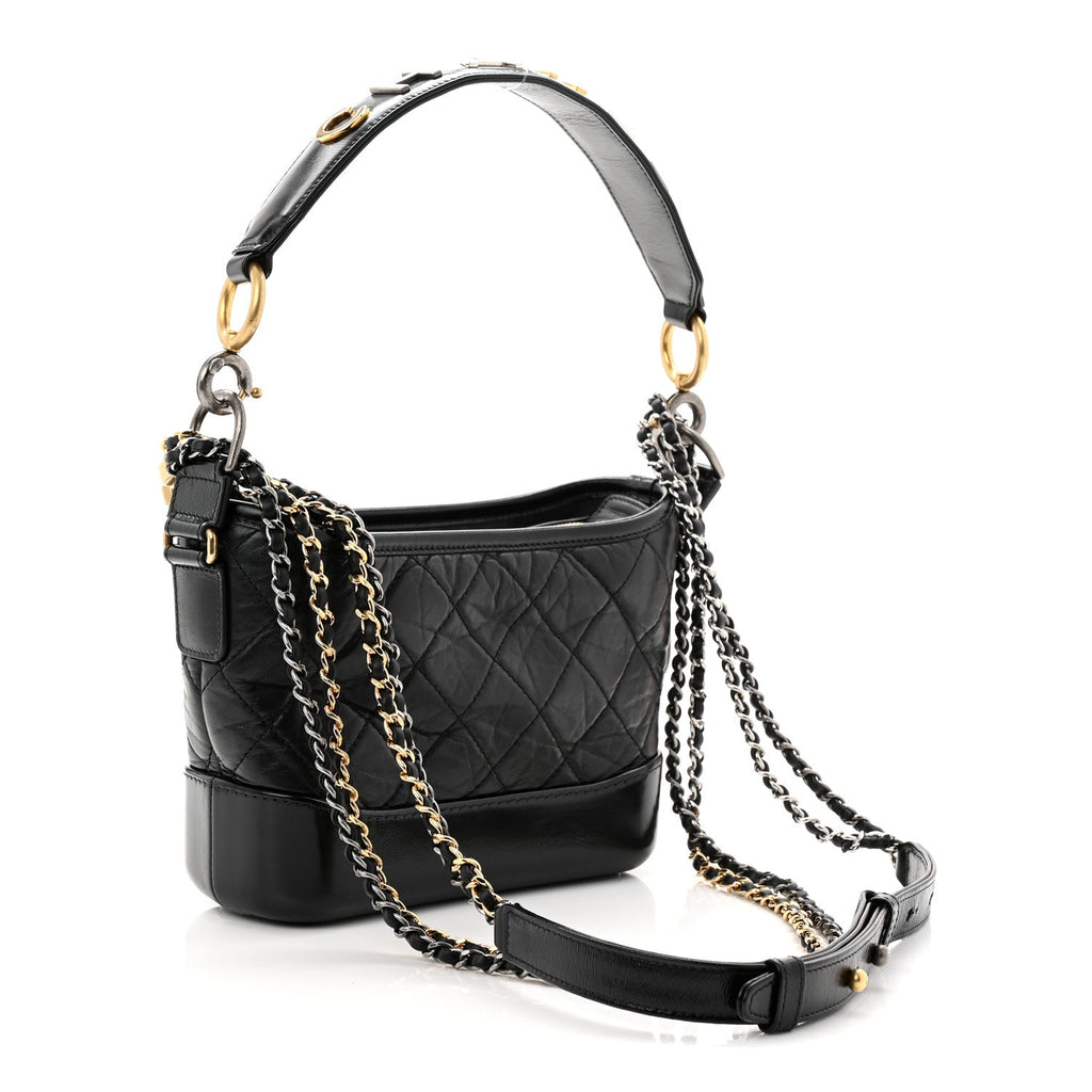 Chanel Aged Calfskin Quilted Small Gabrielle Logo Hobo Black