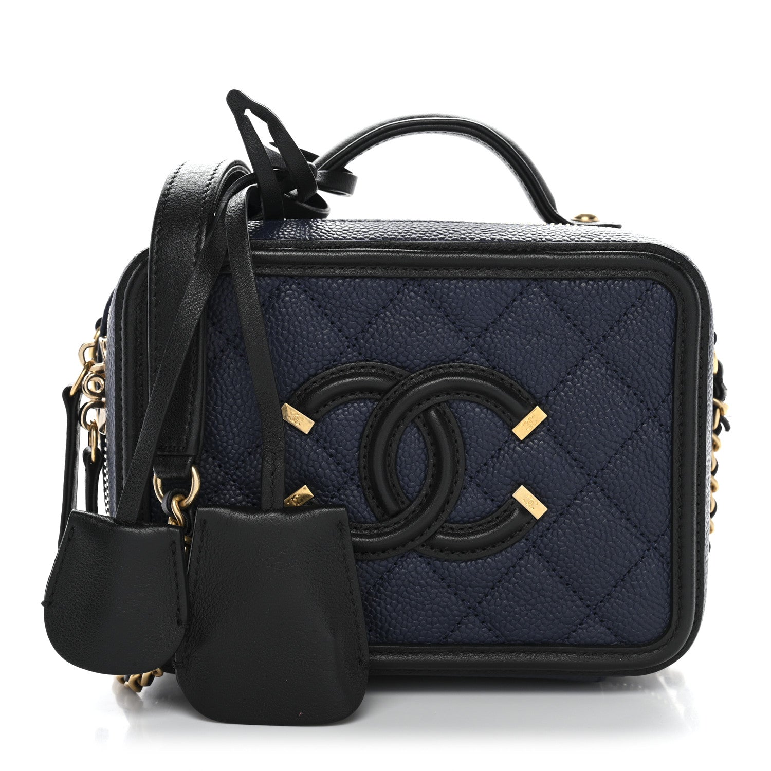 Chanel Caviar Quilted Small CC Filigree Vanity Case Navy Black
