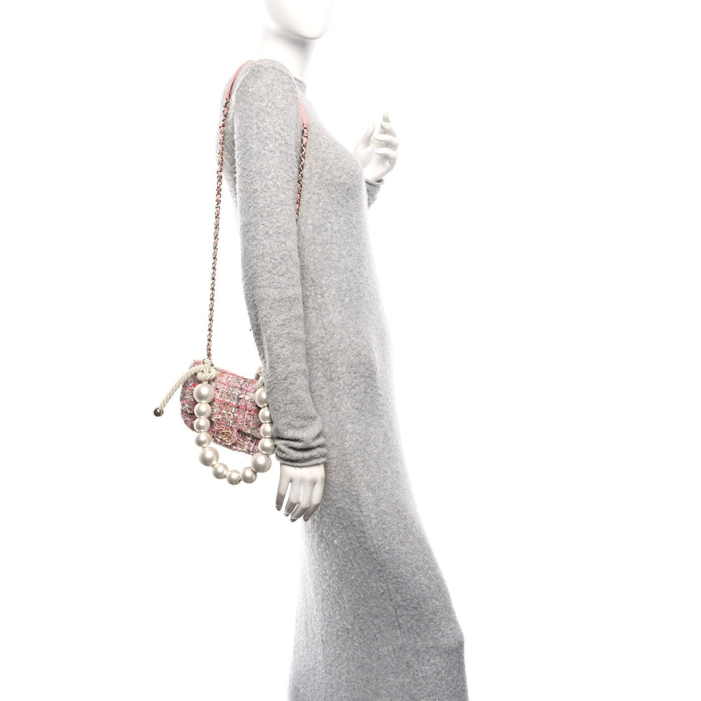 Chanel Tweed Mini Pearl Handle Flap Pink Beige Orange Ecru