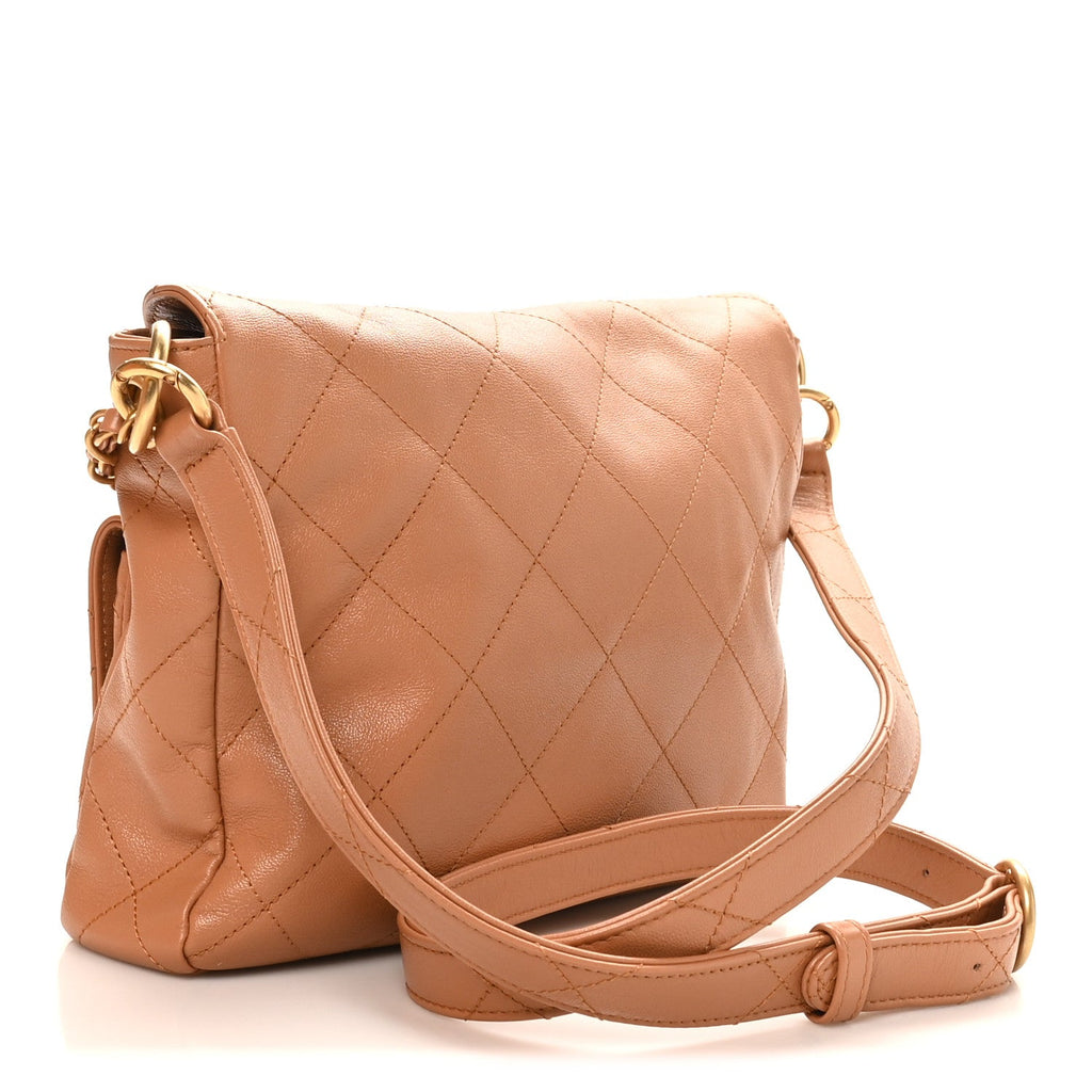 Chanel Shiny Calfskin Quilted Small Supple Twins Hobo Bag Brown