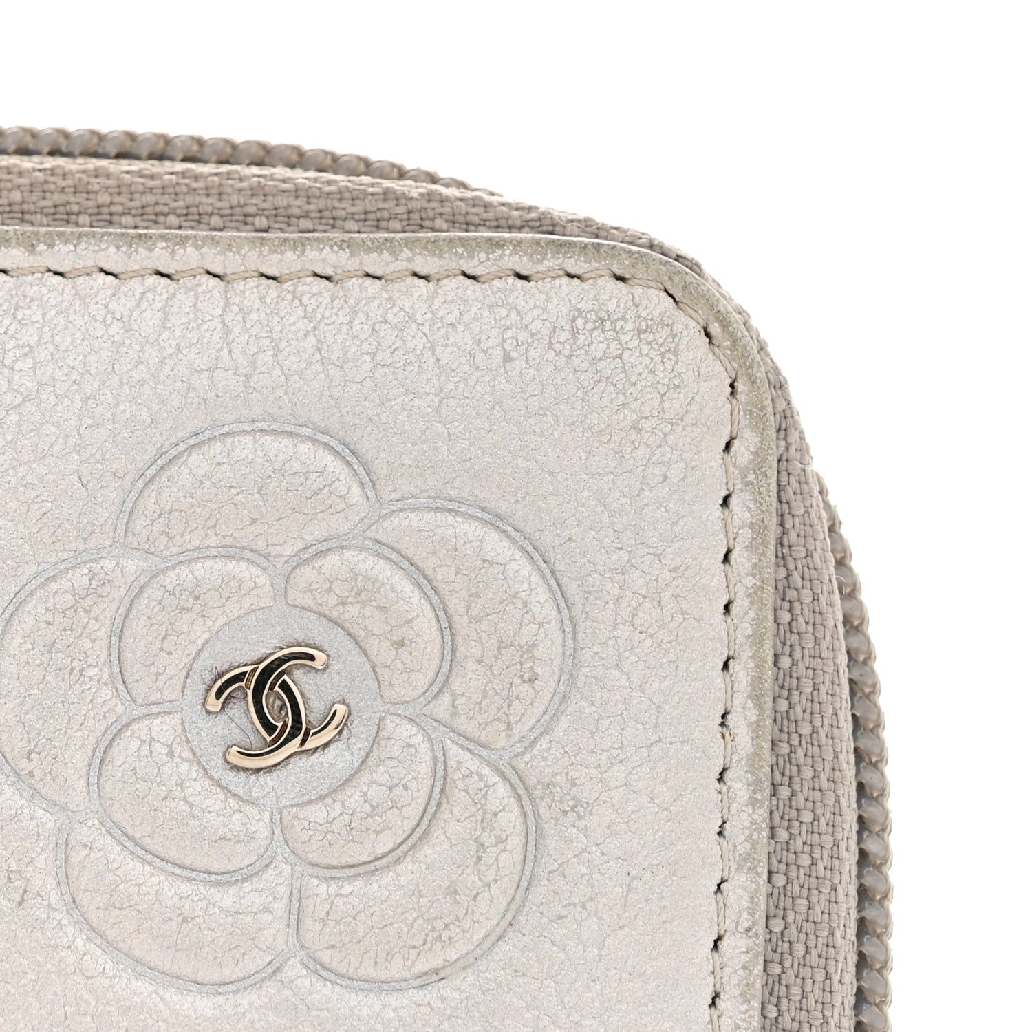 Metallic Goatskin Camellia Embossed Zip Around Wallet Silver
