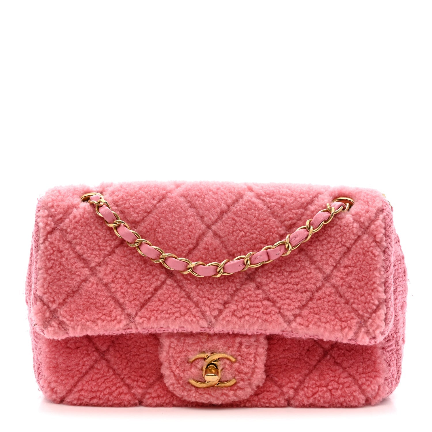 Chanel Shearling Tweed Quilted Medium Flap Bag Light Pink