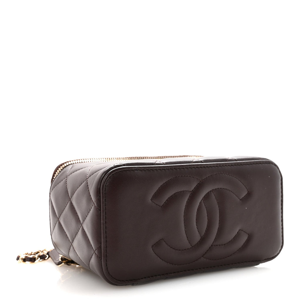 Chanel Lambskin Quilted Small Top Handle Vanity Case With Chain Dark Brown