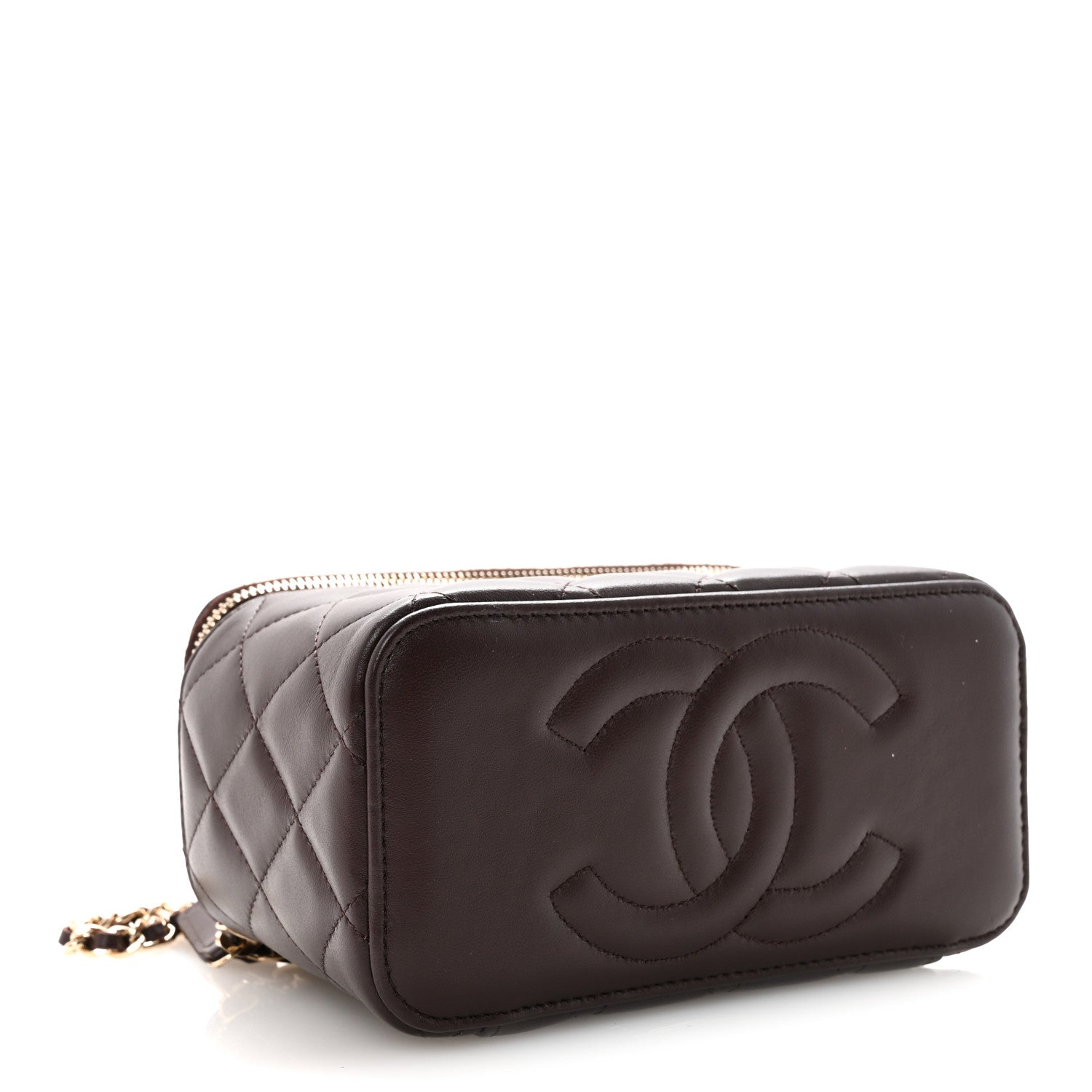 Chanel Lambskin Quilted Small Top Handle Vanity Case With Chain Dark Brown