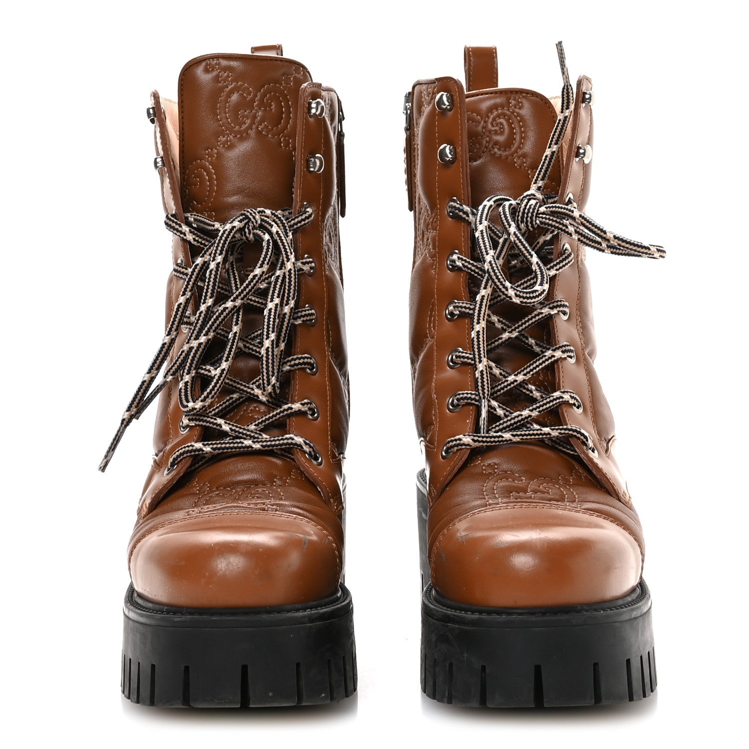 Gucci Cordovan Lux Nappa GG Matelasse Lace Up 60mm Combat Boots 36 Dark Hazel Brown
