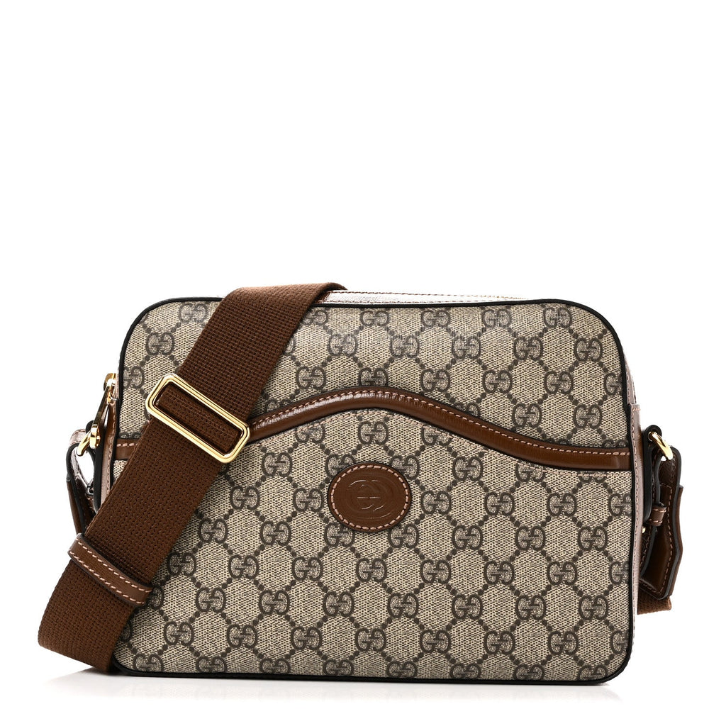 Gucci GG Supreme Monogram Azalea Calfskin Retro Interlocking G Messenger Shoulder Bag Beige Ebony Brown Sugar