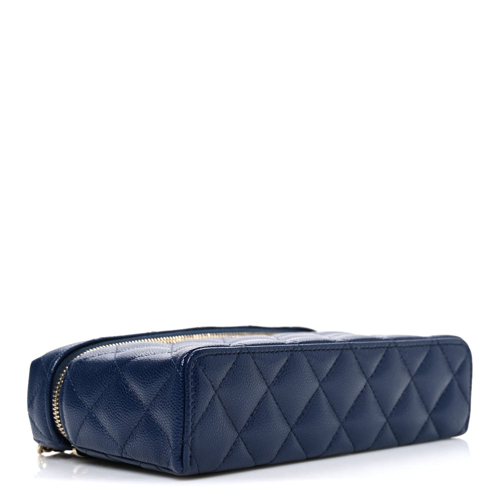 Chanel Caviar Quilted Top Handle Slim Vanity With Chain Navy
