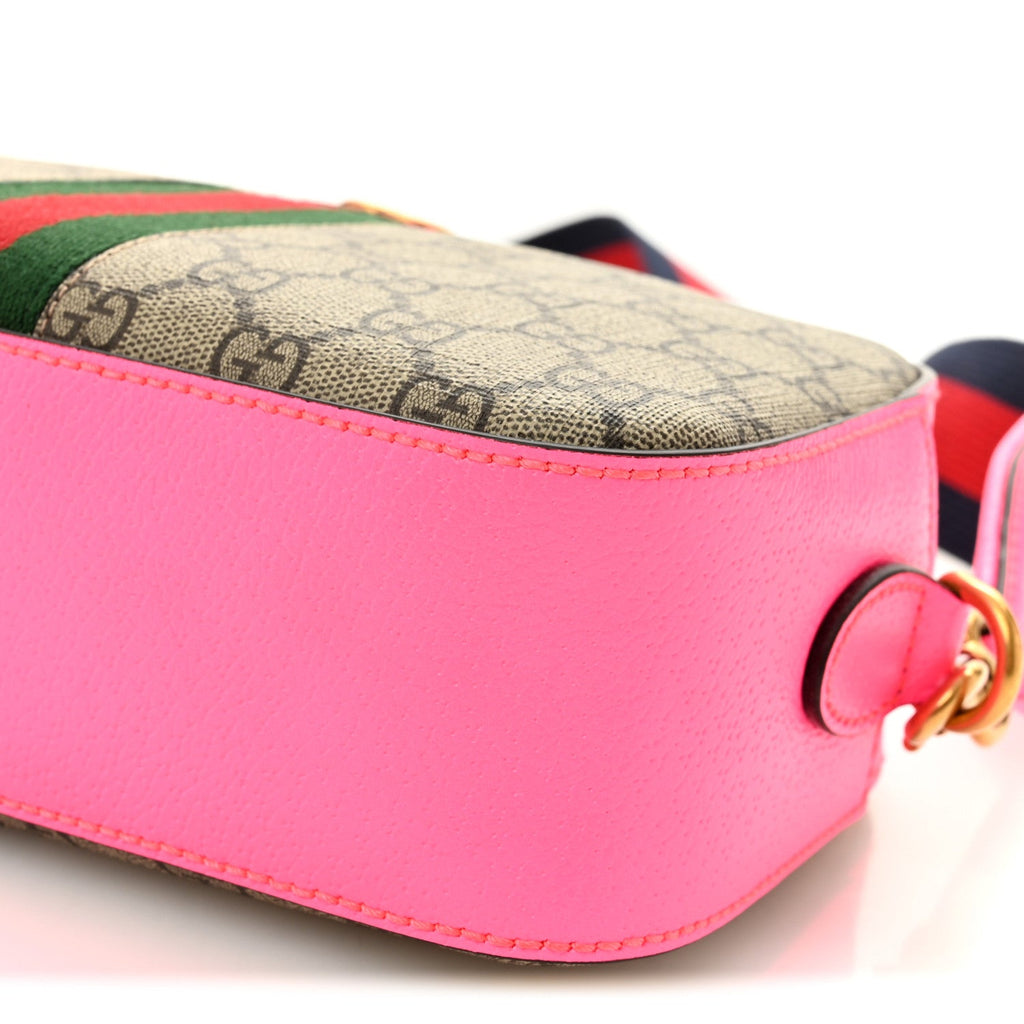 Gucci GG Supreme Monogram Textured Dollar Calfskin Web Ophidia Small Crossbody Bag Beige Ebony Fuchsia