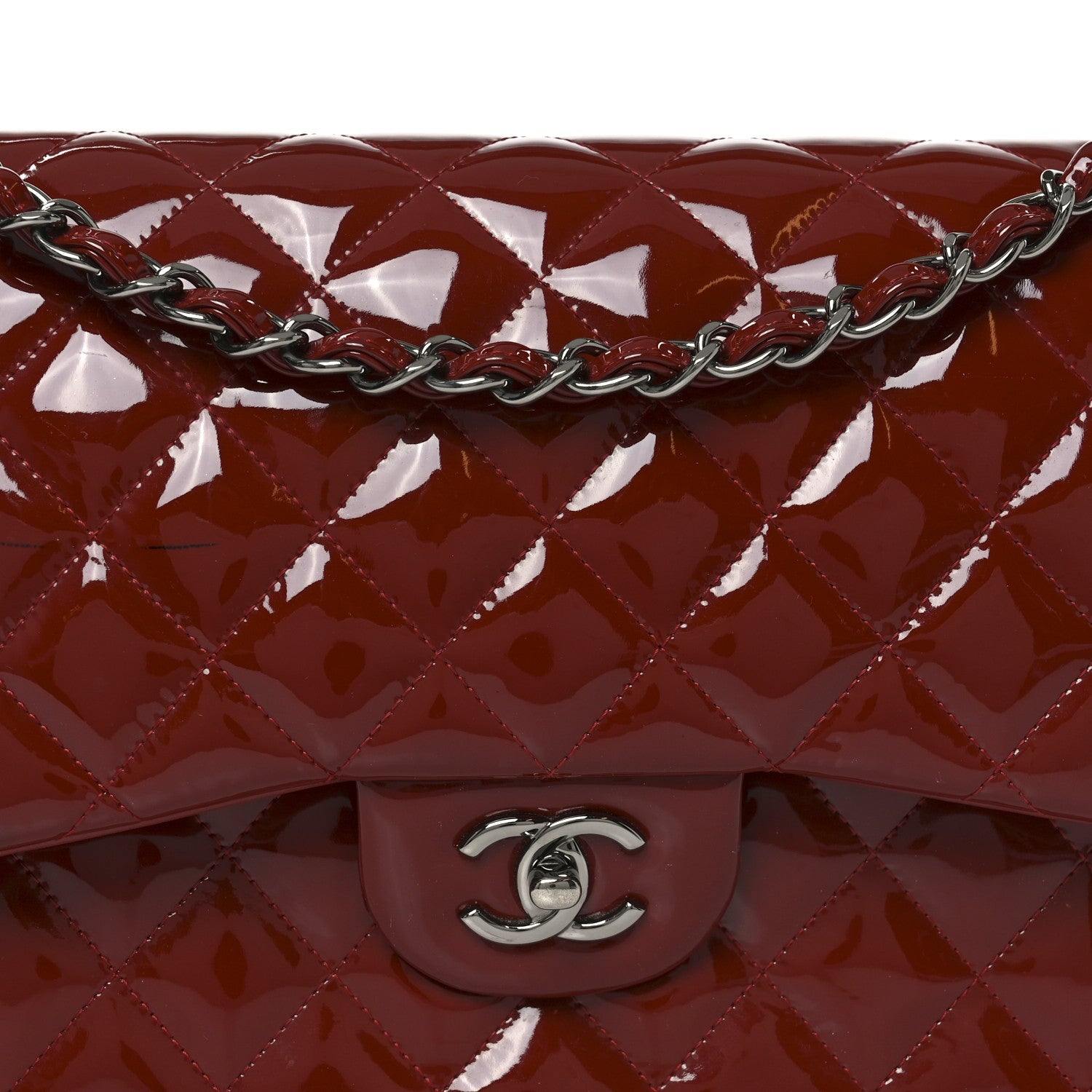 Chanel Patent Quilted Jumbo Double Flap Dark Red