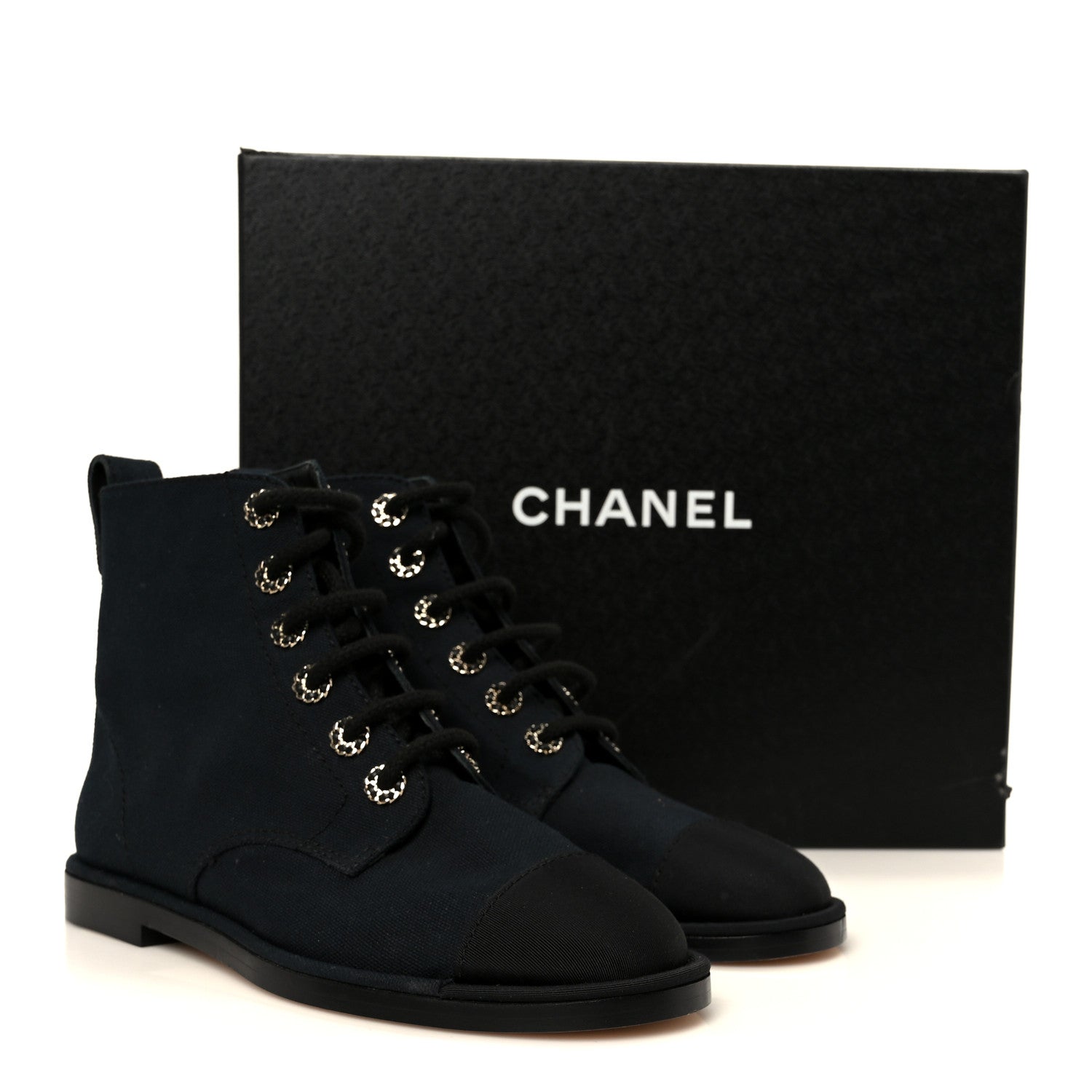 Cotton Grosgrain Cap Toe CC Lace Up Boots 37 Black