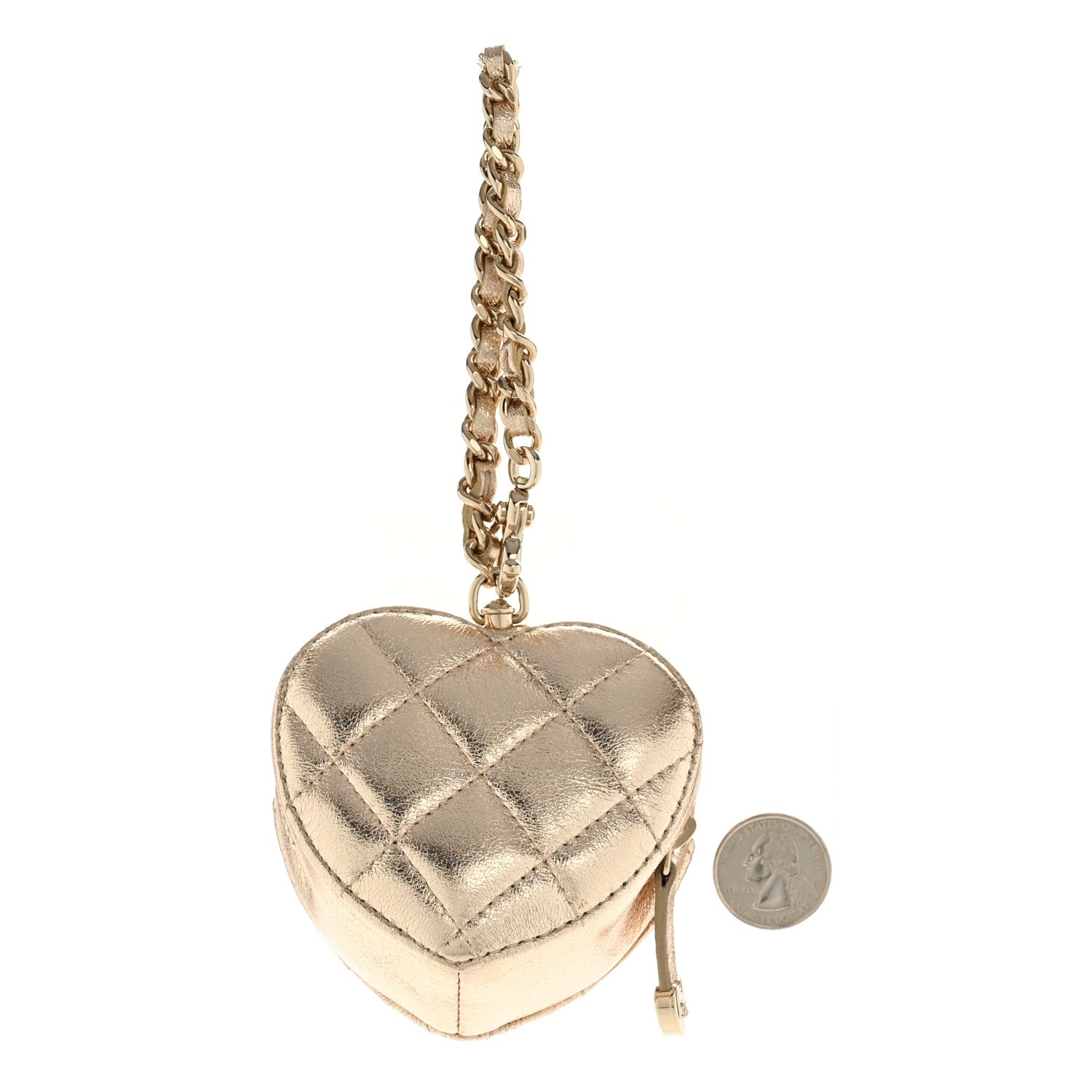 Metallic Lambskin Quilted CC Mini In Love Heart Bag Charm Gold