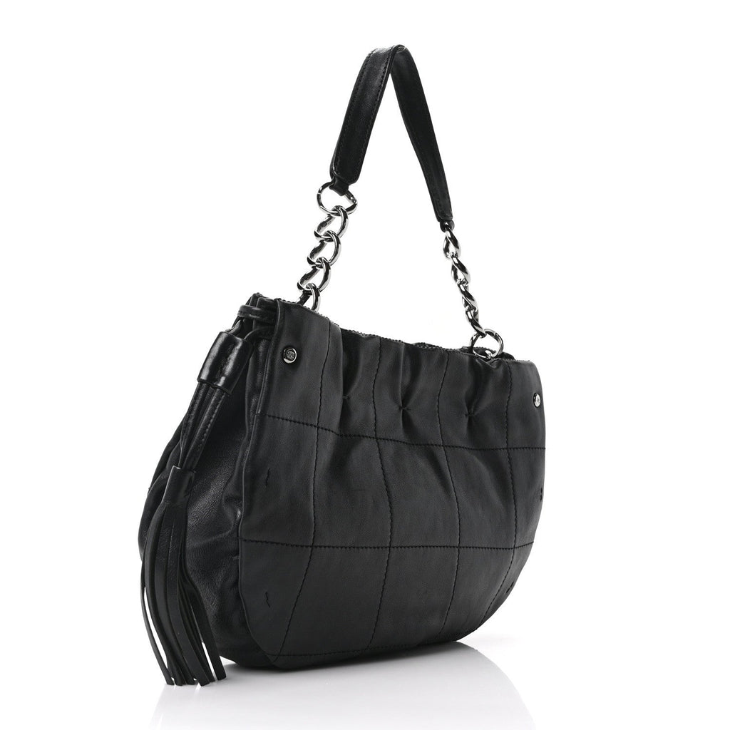 Chanel Lambskin Stitched Chocolate Bar Chain Fringe Hobo Black