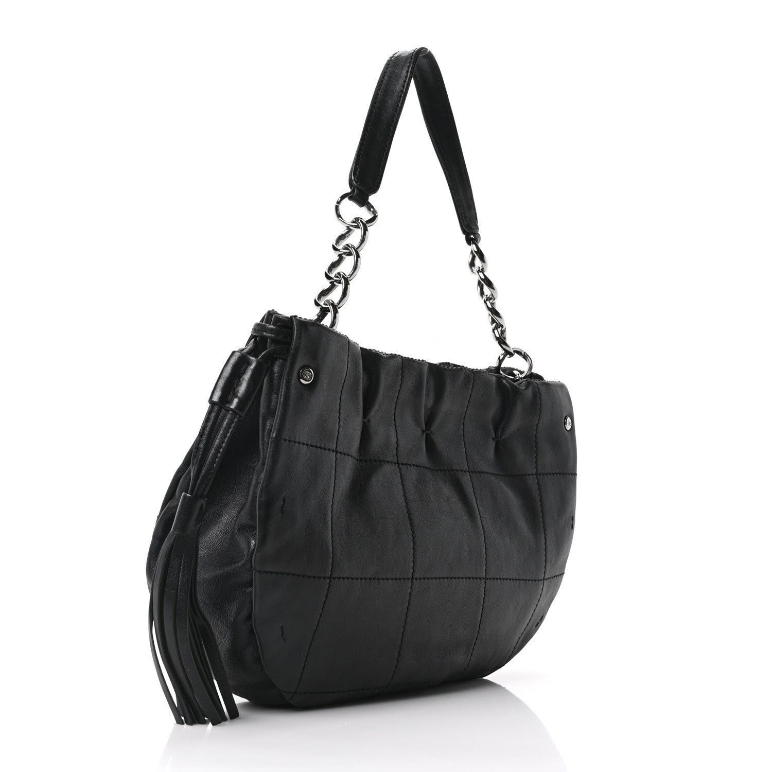 Chanel Lambskin Stitched Chocolate Bar Chain Fringe Hobo Black