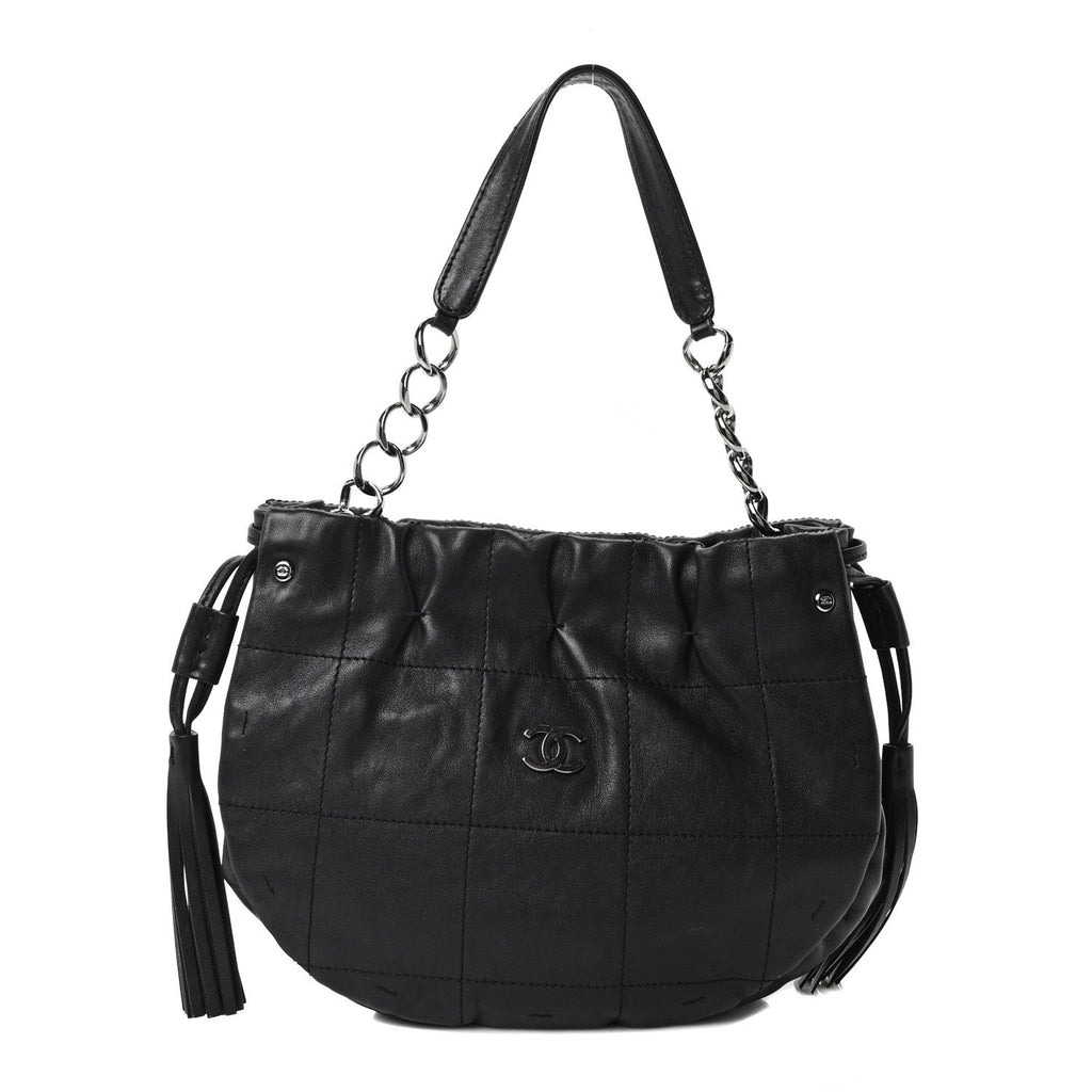 Chanel Lambskin Stitched Chocolate Bar Chain Fringe Hobo Black