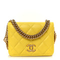 Chanel Lambskin Quilted Enamel Logo Flap Card Holder On Chain Yellow