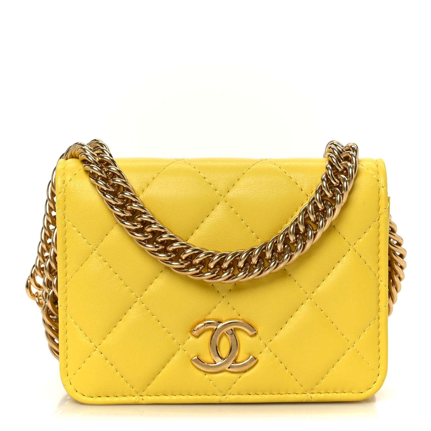 Chanel Lambskin Quilted Enamel Logo Flap Card Holder On Chain Yellow