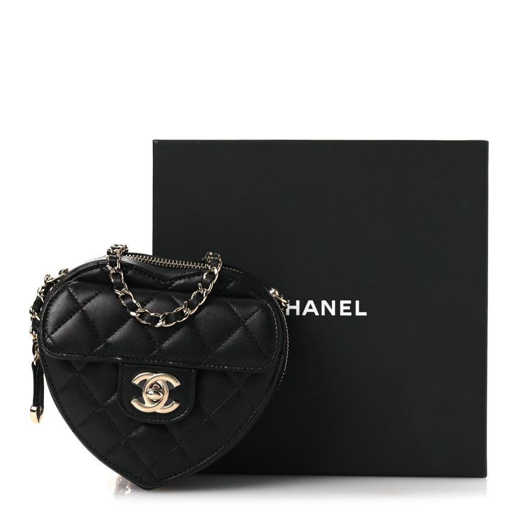 Chanel Lambskin Quilted CC In Love Heart Clutch With Chain Black