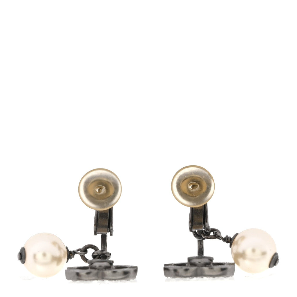 Pearl Crystal CC Drop Clip On Earrings Silver