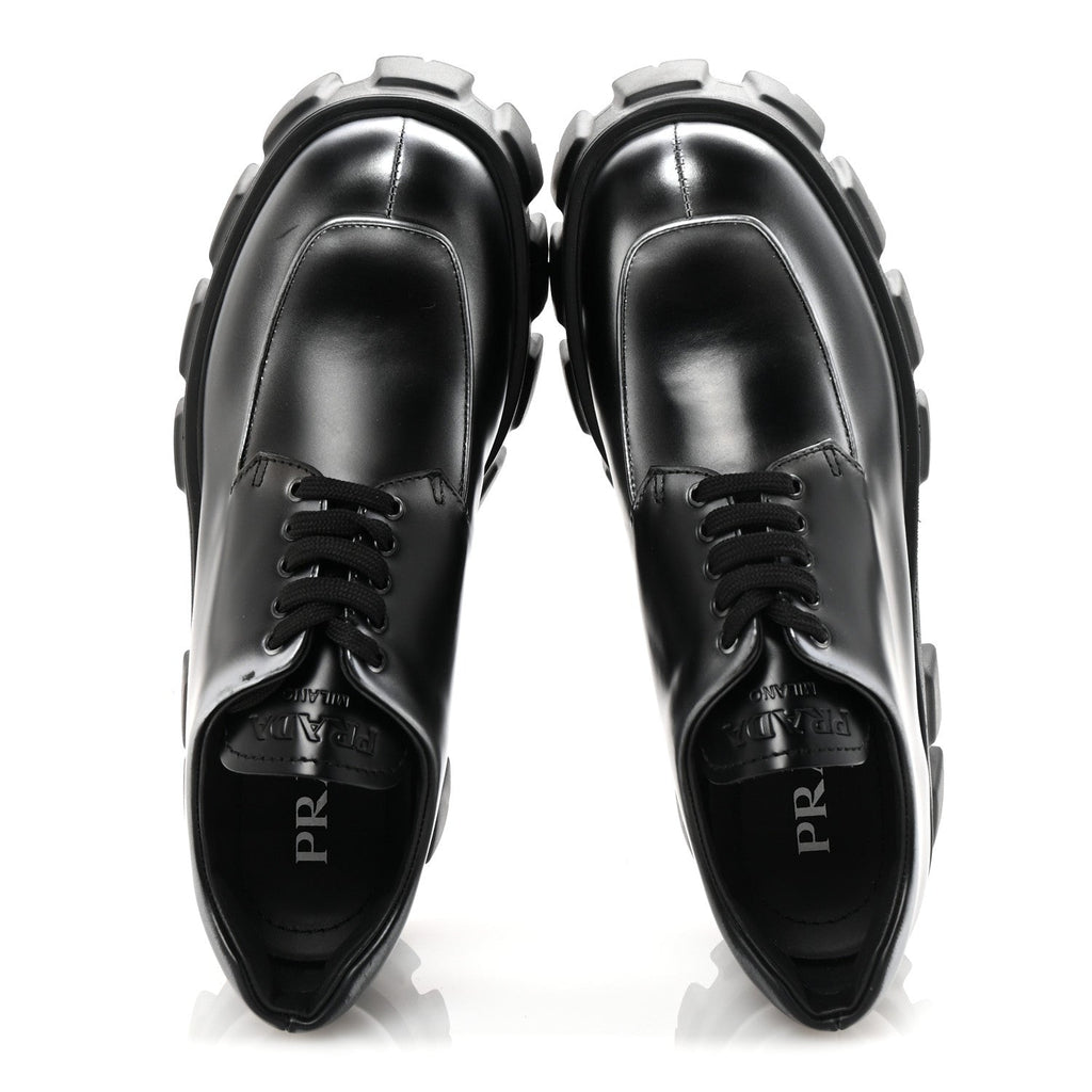 Prada Spazzolato Rois Sfumato Monolith 55mm Derby Loafers 38.5 Black Argento