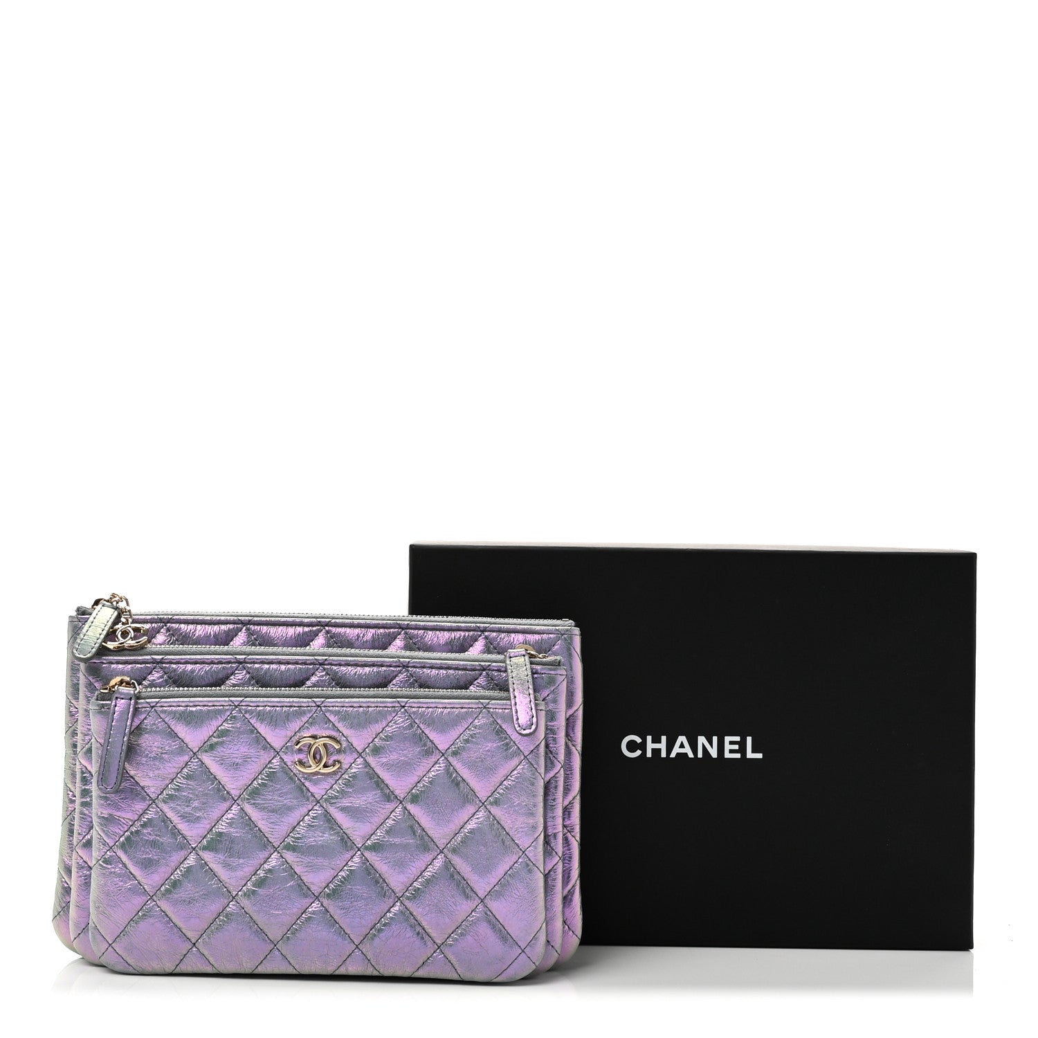 Iridescent Crumpled Calfskin Trio Cosmetic Case Purple