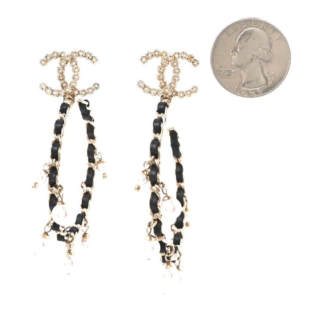 Lambskin Pearl Crystal CC Chain Hoop Earrings Gold Black