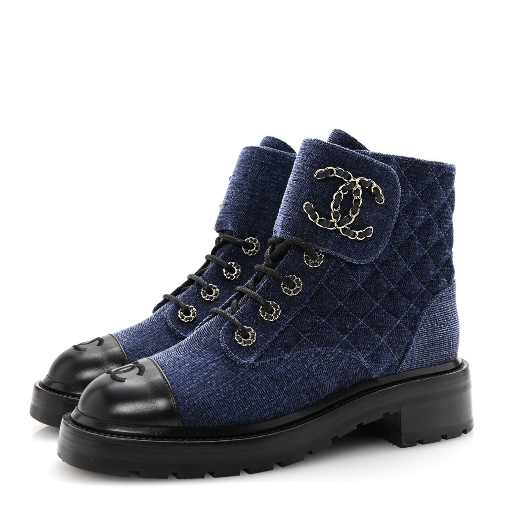 Chanel Shiny Calfskin Velvet Quilted Lace Up Combat Boots 38.5 Blue Black