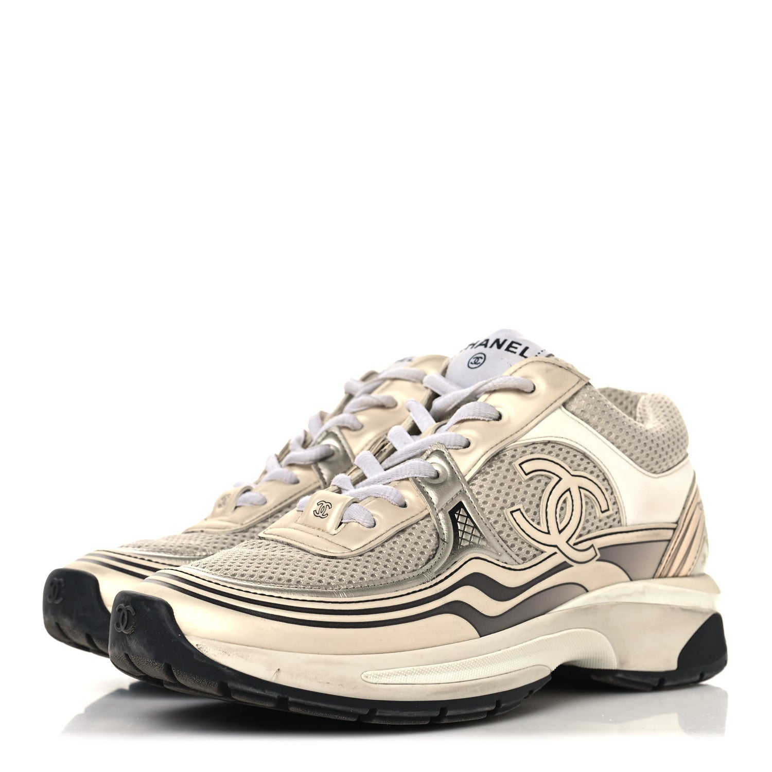 Fabric Laminated Calfskin Stretch CC Womens Sneakers 37 Ivory White Silver