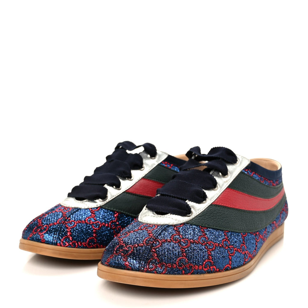Gucci Lurex Calfskin Web GG Monogram Mens Falacer Sneakers 8.5 Iridescent Blue Iridescent Red Silver