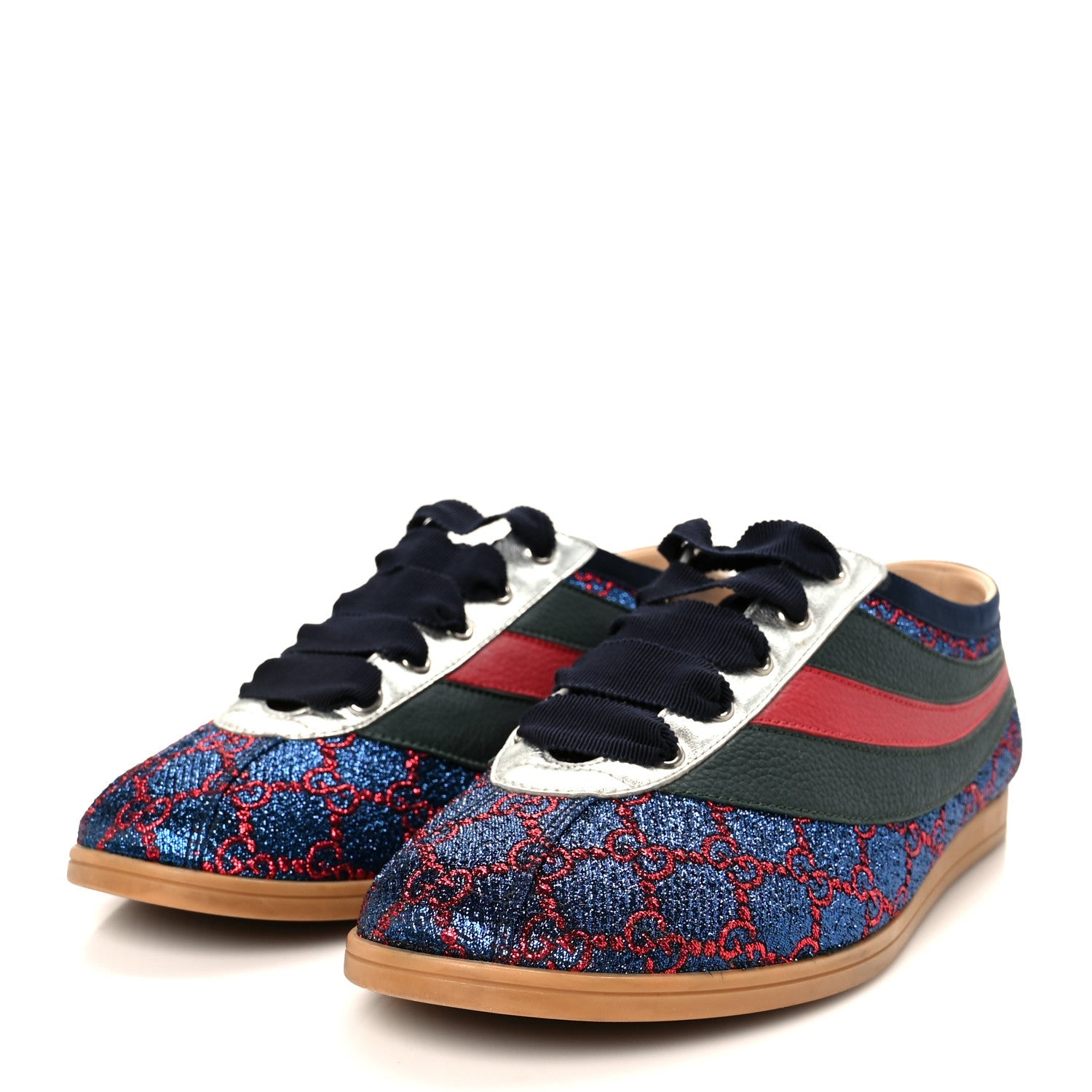 Gucci Lurex Calfskin Web GG Monogram Mens Falacer Sneakers 8.5 Iridescent Blue Iridescent Red Silver