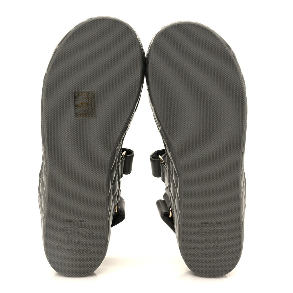 Chanel Shiny Calfskin Logo Platform Sandals 36 Grey
