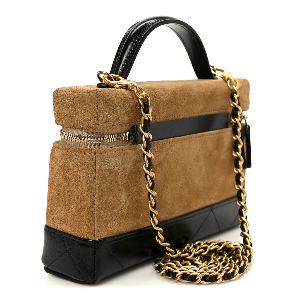 Chanel Suede Calfskin Shiny Lambskin Stitched Top Handle Slim Vanity With Chain Beige Black