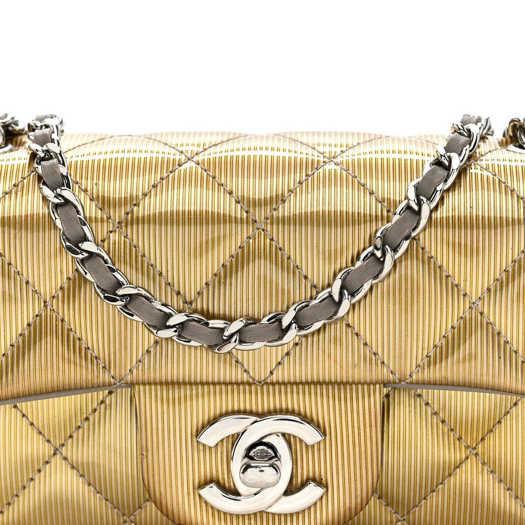 Chanel Striated Patent Quilted Extra Mini Rectangular Flap Gold
