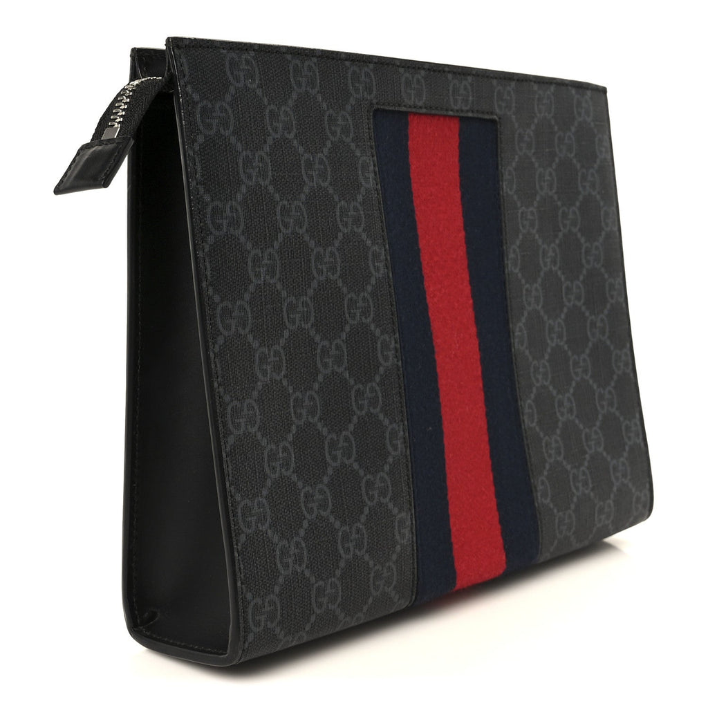 Gucci GG Supreme Monogram Selleria Calfskin Web New Web Cosmetic Case Black