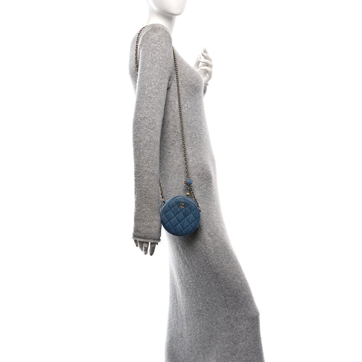 Chanel Denim Quilted Round Pearl Crush Clutch With Chain Blue