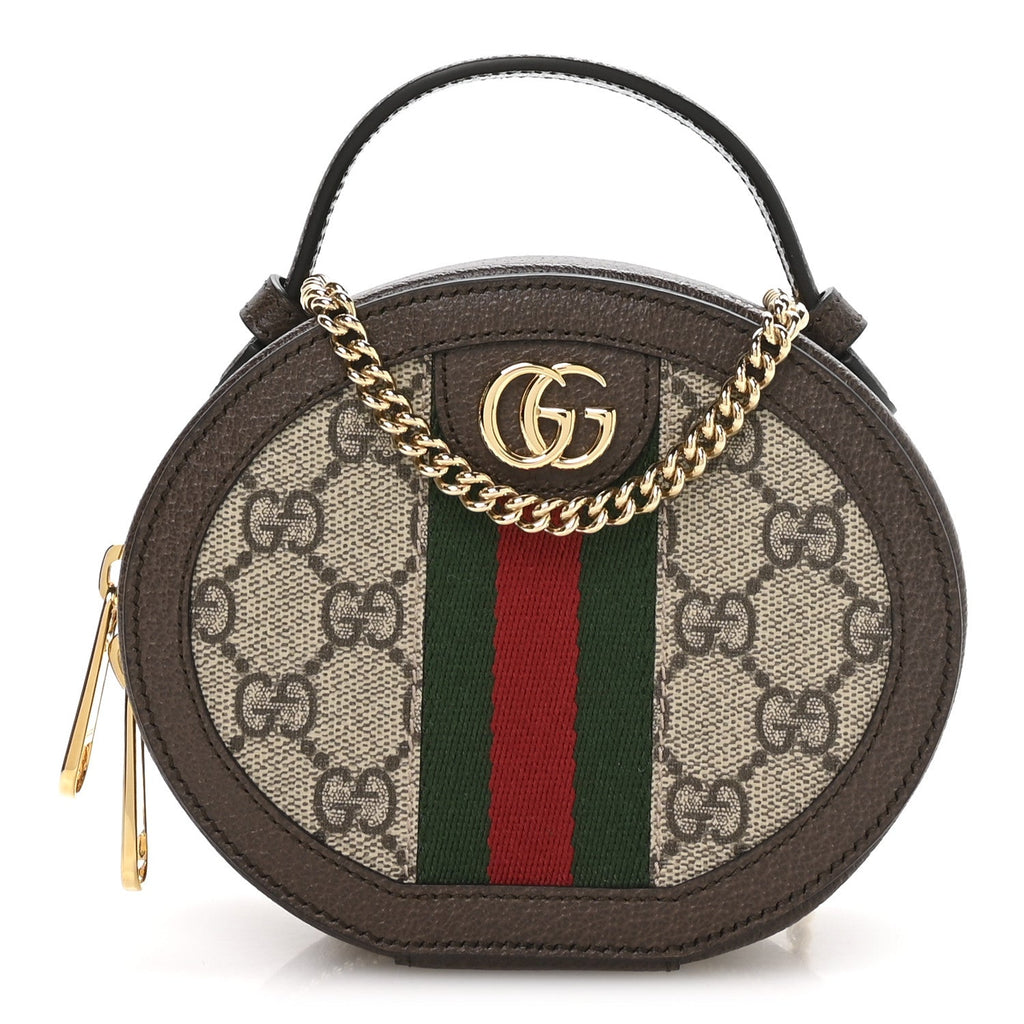 Gucci GG Supreme Monogram Top Handle Web Mini Ophidia Round Shoulder Bag Brown