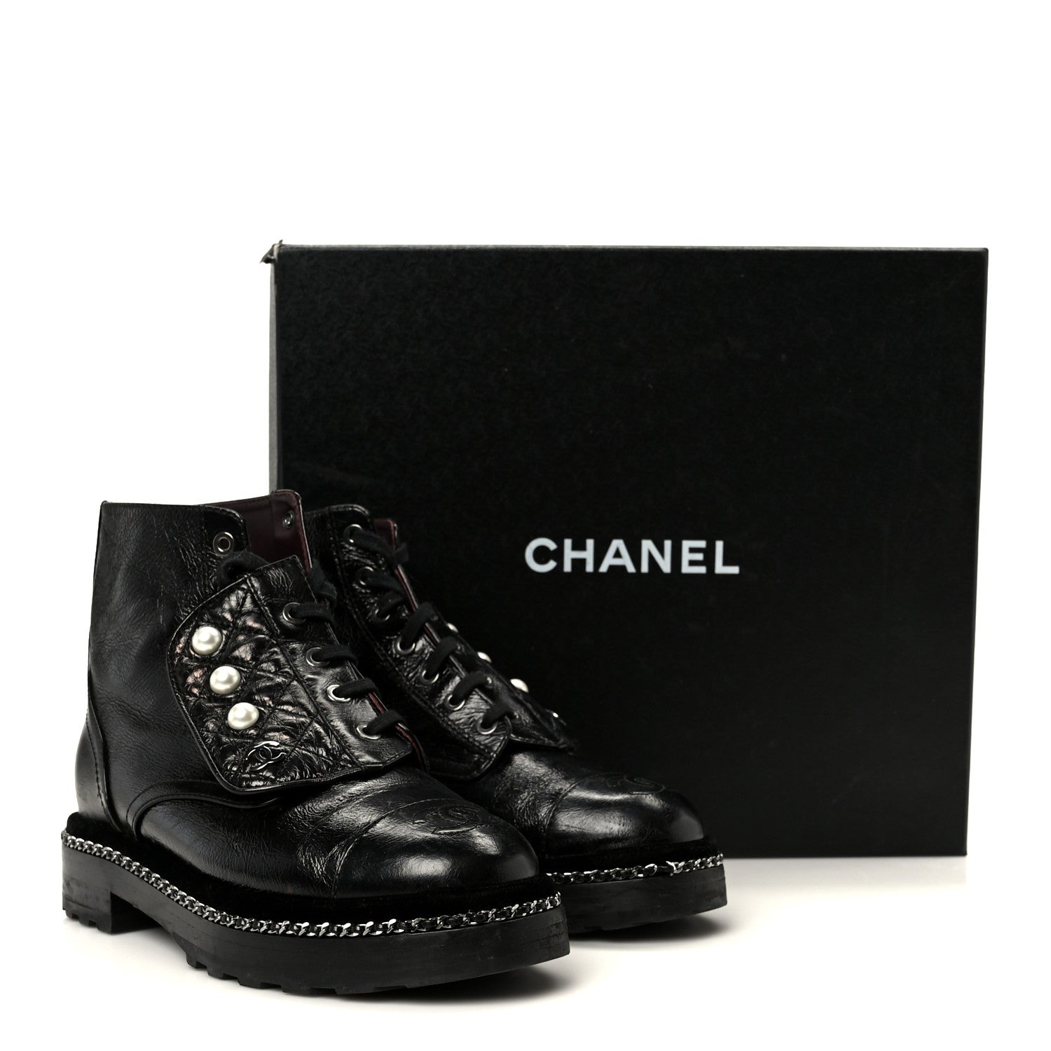 Crackled Calfskin Velvet Pearl Combat Short Boots 36 Black