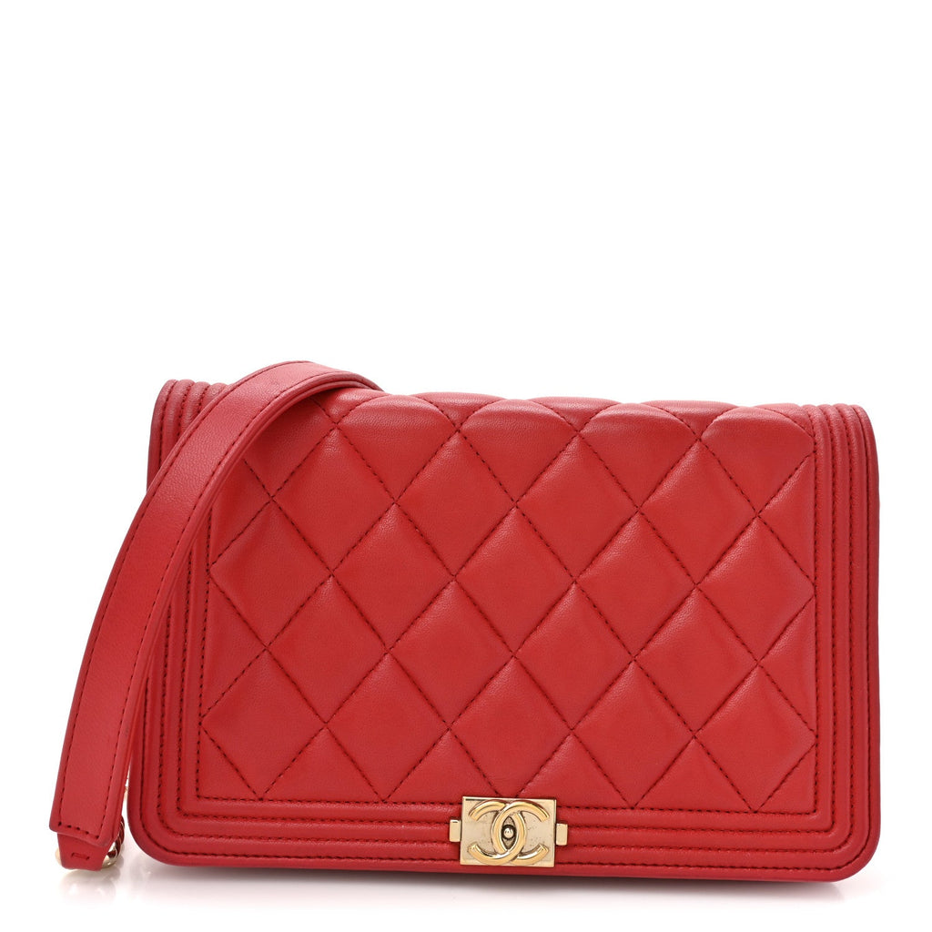 Chanel Lambskin Quilted Boy Wallet On Chain WOC Red