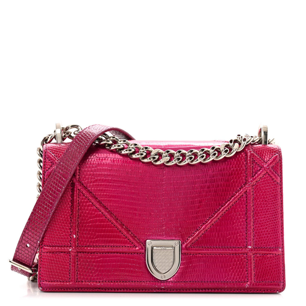Christian Dior Metallic Lizard Small Diorama Flap Bag Fuchsia