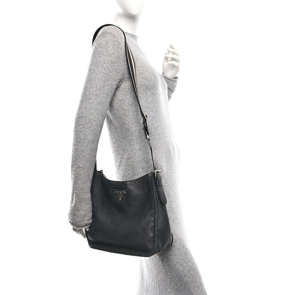 Prada Vitello Daino Soft Hobo Messenger Bag Black