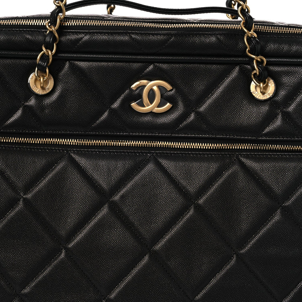 Chanel Shiny Grained Calfskin Quilted Large Travel Bowling Bag Black