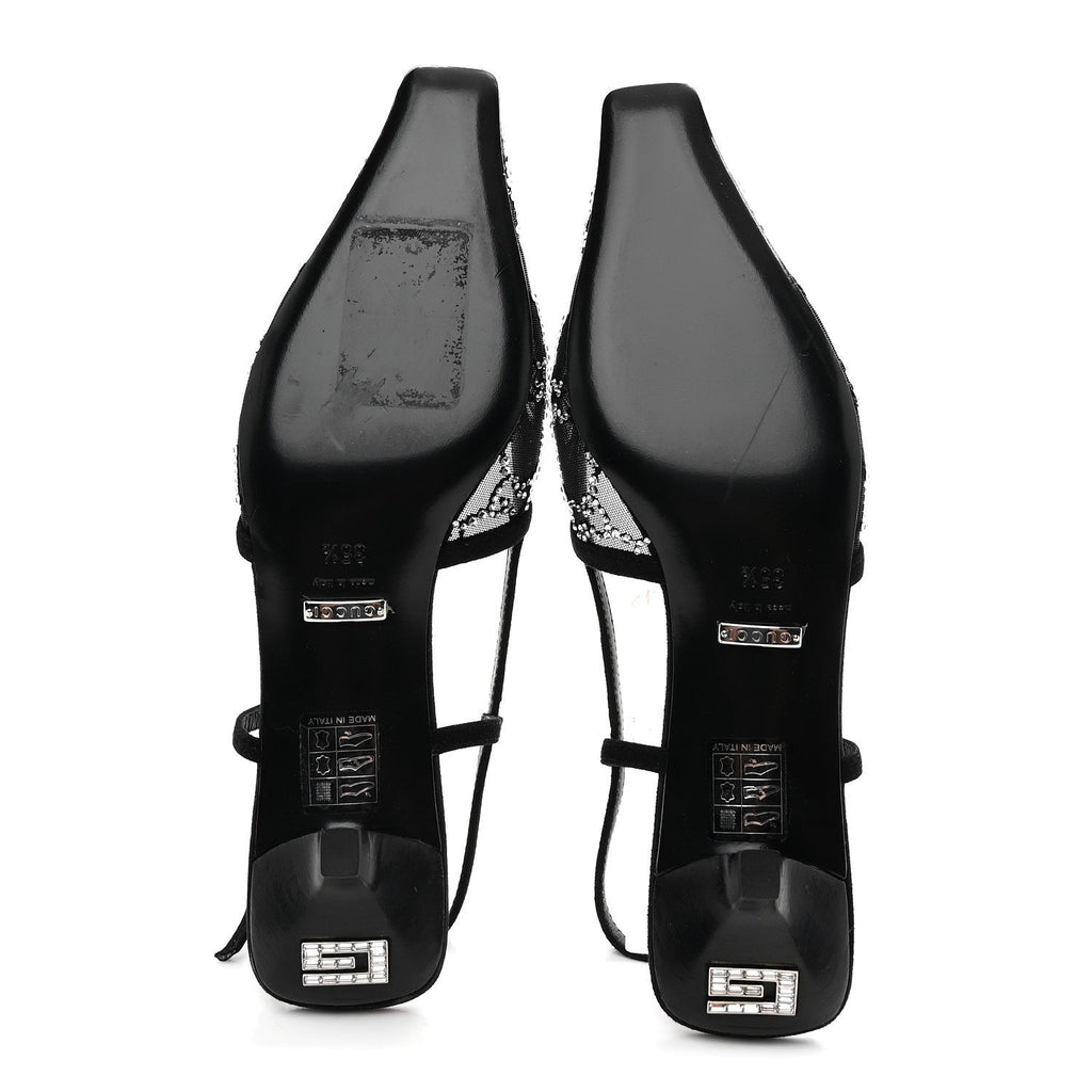 Gucci Tela Retino Kid Scamosciato Crystal GG Monogram Square G 35mm Slingback Pumps 35.5 Black
