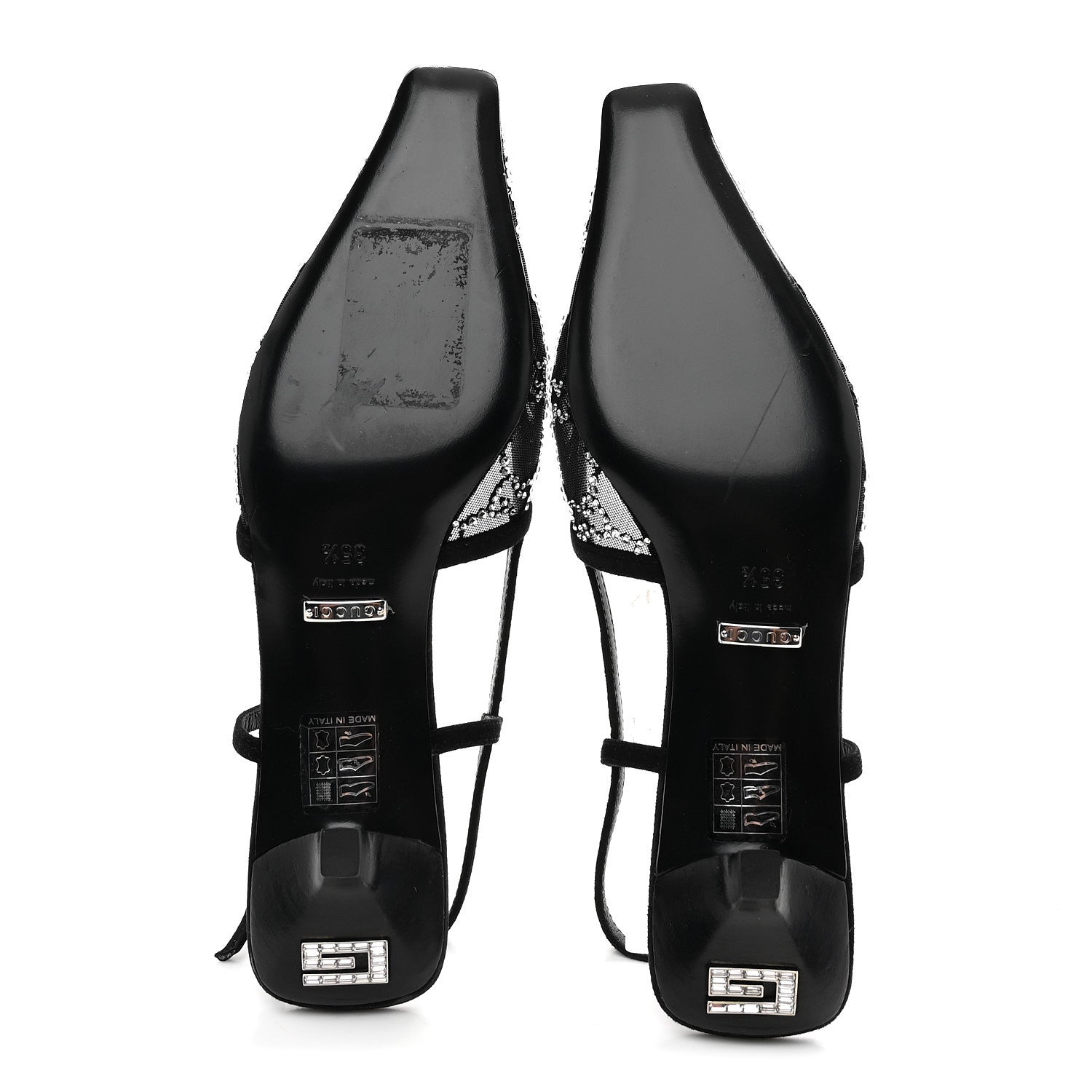 Gucci Tela Retino Kid Scamosciato Crystal GG Monogram Square G 35mm Slingback Pumps 35.5 Black